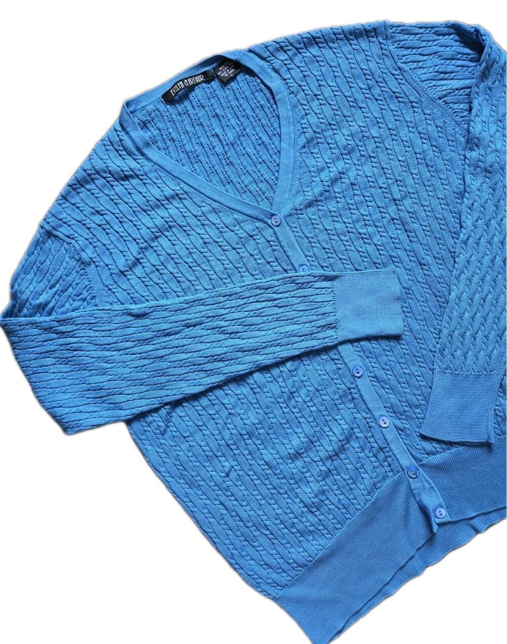 Evelyn & Arthur 100% Silk Cardigan Sweater Blue Cable Knit Luxury Softcore L